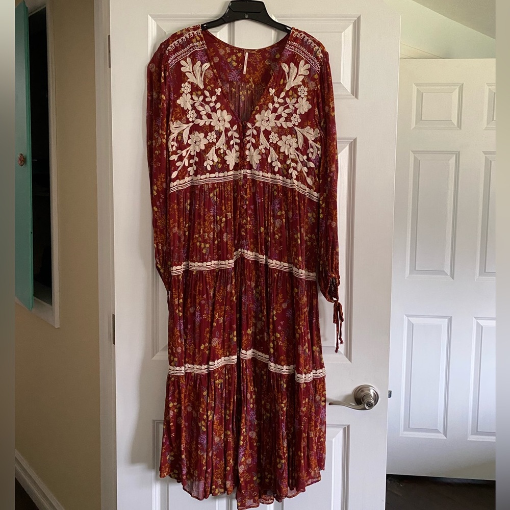 Free People Call on Me Maxi Top Dress Sz M burgundy sheer long sleeve embroidery